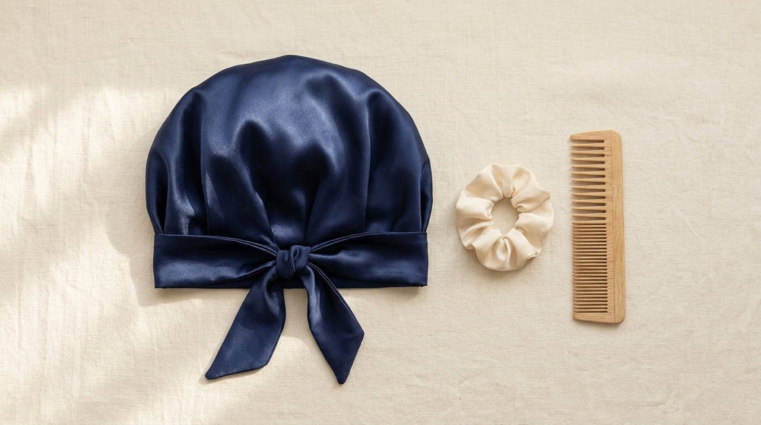 Bonnet en satin bleu nuit, chouchou en tissu et peigne à dents larges posés sur du lin crème