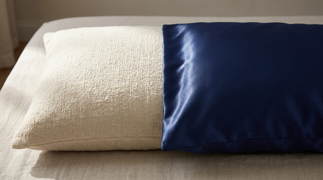 Taie d'oreiller en coton mat et taie en satin bleu nuit posées côte à côte sur un lit