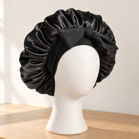 Bonnet de nuit en satin noir à nouer, présenté sur une tête de mannequin blanche